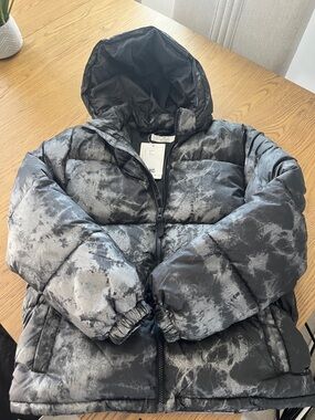 H&M Black & Gray Tie-Dye Puffer Jacket with Hood